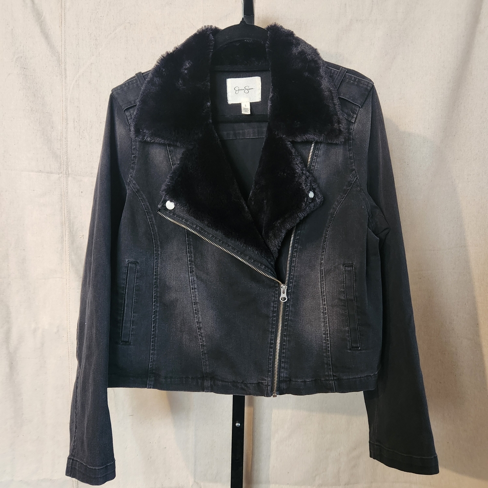 Jessica Simpson Black Denim Jacket with Faux Fur Collar